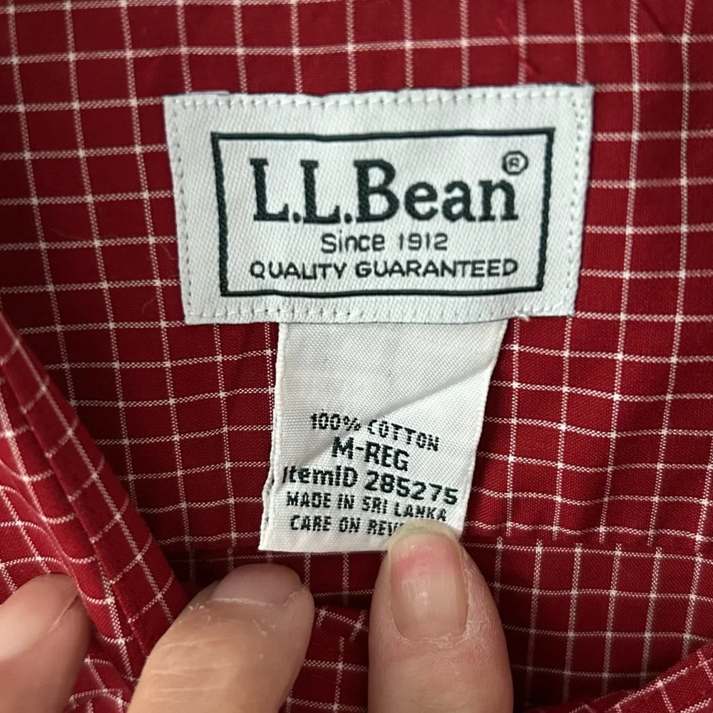 LL Bean Shirt Mens Medium Dark Red Gingham Lakeside Performance Slightly Fitted - Picture 4 of 8